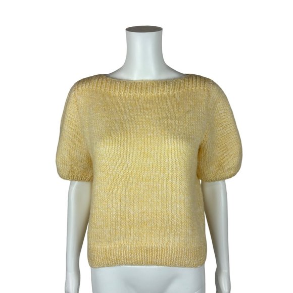 Vintage 80s Crochet Sweater Yellow Handmade Knit Short Sleeve Pullover - Picture 6 of 7